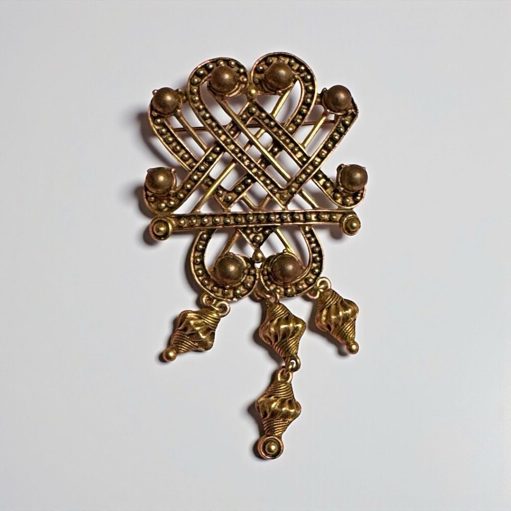 Florenza Vintage Gold Tone Dangle Brooch 3” Celtic Knot Heart Filigree Pin